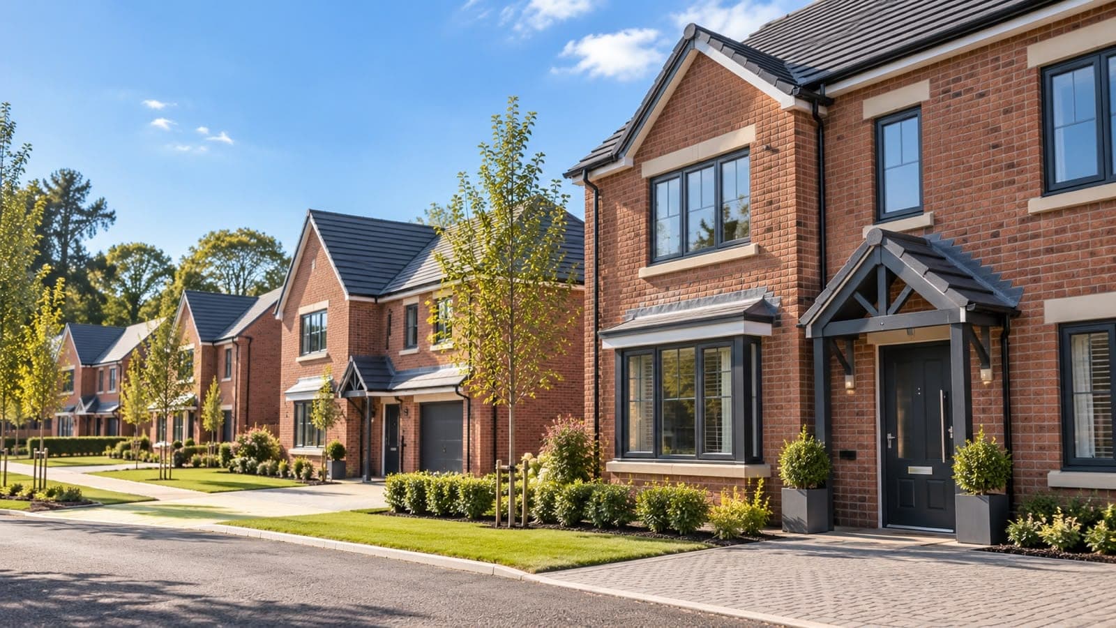 Street of finished red-brick new-build houses with young trees and block-paved drives